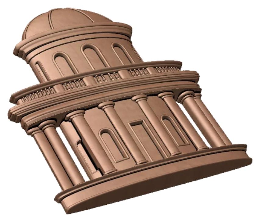 3D relief model of a classical domed rotunda with columns and a balustrade, rendered in wood