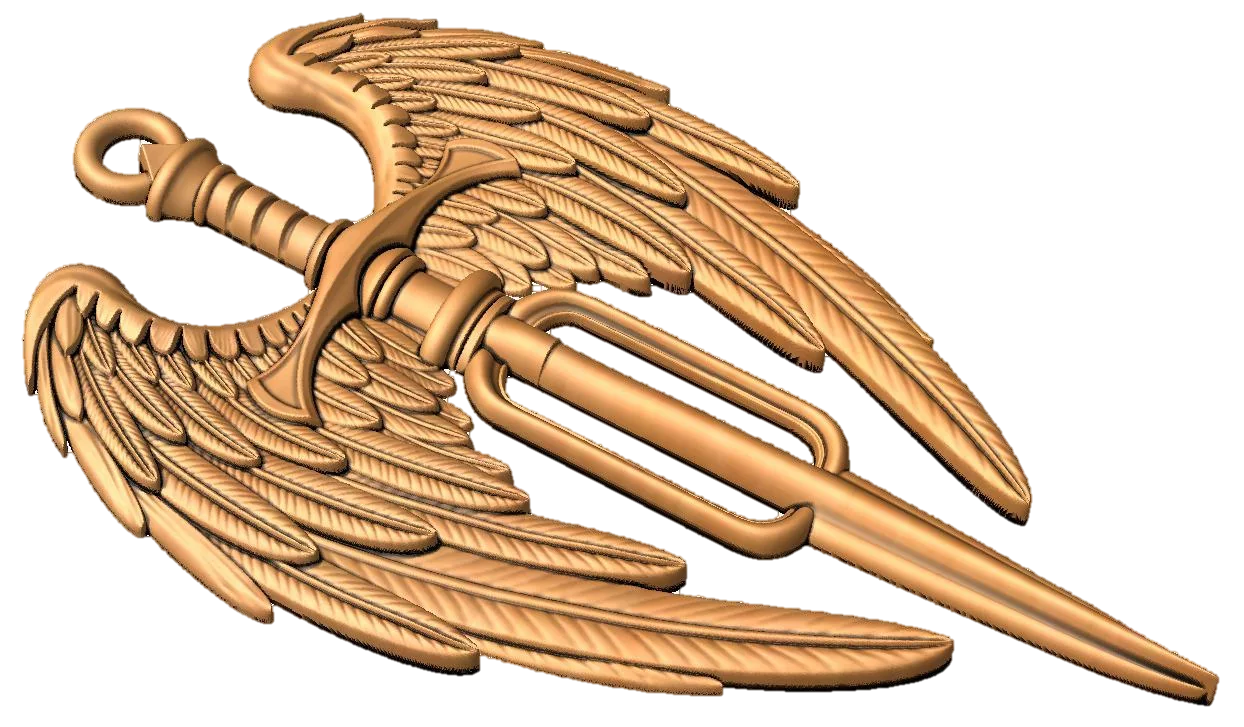 3D relief model of a winged dagger emblem with feathered wings, rendered in wood